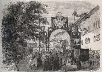 Arrival of Empress Elisabeth of Austria (Sissi) in Bad Kissingen (Spa) in 1865 (engraving in 