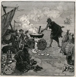 Art of Glass: Discovered Vitrification According to Pliny the Elder. In Antiquity, Merchants Failed on a Beach Fire with Kali Plants Among the Fuels. These Vegetables Provide Enough Soda to Produce Glass by Mixing with Sand. Engraving from 1885