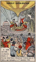 Ascension in a hydrogen gas balloon of French aeronautics Charles and Robert le Jeune, made in Paris, in the Tuileries Garden. December 1
