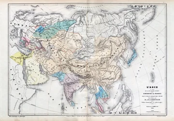Asia at the time of the greatest extent of Mongol domination under the rule of Qubilai (Kubilai Khan) (1260-1294) - Map prepared by M J-H Schnitzler, Historical and Picturesque Atlas 1857