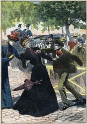 Assassination of Empress Elisabeth of Austria (Sissi) by the Italian anarchist Luigi Lucheni in Geneva in 1898. Illustration from 1898. Private Collection - The Assassination of Empress Elisabeth of Austria (Sissi) by Italian anarchist Luigi Lucheni, in