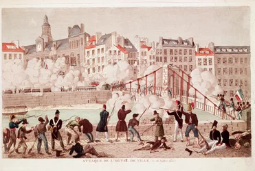 Attack of the Town Hall of Paris and the battle of the bridge of Arcola, 28 July 1830 (engraving)