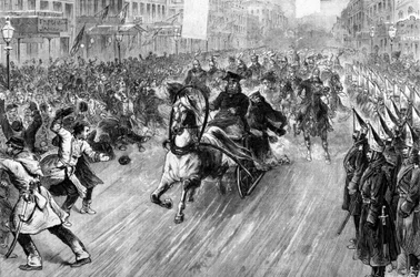 Attack on Tsar Alexander II (1818 - 1881) in St. Petersburg in 1881. Illustration of the 19th century