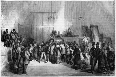 Auction room in Paris: Sale of paintings at the hotel of auctioneers. Engraving in 