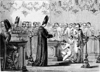 Baptism among the Mormons. 19th century engraving