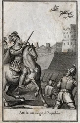 Barbarian invasions - Attila, king of the Huns, during the siege of Aquileia in Italy, 452. Engraving in 