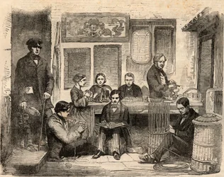Basketry and Reading Workshop for the Blind located on Euston Road in London and organized by the Association for Promoting the General Welfare of the Blind, an association to help blind people find work. Engraving in 