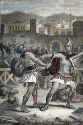 Battle between Horatii and Curiatii. Engraving