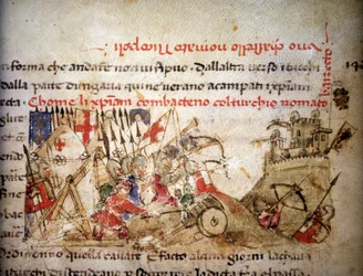 Battle of Nicopolis: defeat of the Christians by Bayezid I (Turkey) on 28/09/1396, in the "Croniche del Sercambi", circa 1400. State Archives, Lucca.