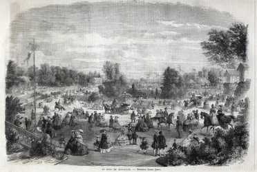 Beautiful days at the Bois de Boulogne in Paris. Engraving in 