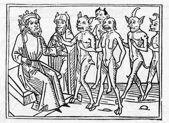 The Trial of Belial: “The demon Belial, accompanied by four other demons, appears before Judge Solomon.” “Engraving from ‘The Trial of Belial’ by Jacobus de Teramo (or Palladino), Augsburg”