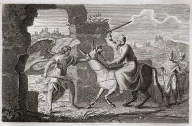 Bible of Royaumont, Old Testament: Balaam. The false prophet Balaam blessed the people of God, although King Balak (Balac) had sent him to curse them. Her donkey speaks to her to complain about being beaten. Illustration from 1811.