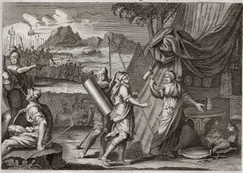 Bible of Royaumont, Old Testament: Death of Sisara. Yael (Jael) kills the head of the Canaan army Sisra (Sisera or Sisara). Illustration from 1811