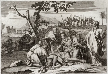 Bible of Royaumont, Old Testament: Death of the wicked Antiochus. The appalling death of King Antiochus IV Epiphanes after a horse fall. Illustration from 1811.