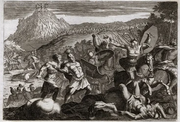 Bible of Royaumont, Old Testament: Defeat of Amalec (Amalek). Moses obtained victory over the Amalekites, holding his hands high in heaven. Illustration from 1811
