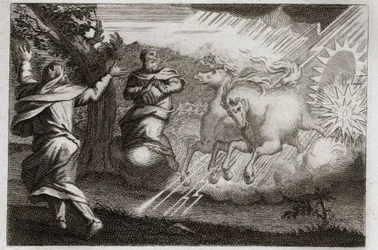 Bible of Royaumont, Old Testament: Elijah is taken to heaven. Elijah is taken to heaven in a chariot of fire in the presence of his disciple. Elisha receives from him his double spirit: he divides the water of the Jordan with the mantle of Elijah. Illustra