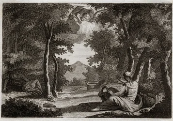 Bible of Royaumont, Old Testament: Flight of Hagar. Hagar rises against Sarah her mistress. Sarah chastises her insolence with severity. Hagar cannot suffer her and flees from the house into the desert, where an Angel talks to her to bring her back to Sara