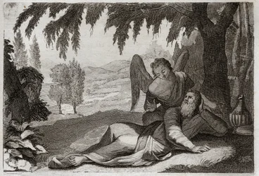 Bible of Royaumont, Old Testament: Flight of Elijah. Elijah fleeing Jezebel