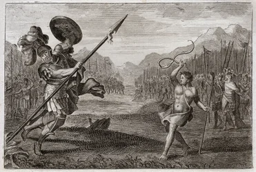 Bible of Royaumont, Old Testament: Giant Goliath. Goliath, a Philistine of prodigious size, is defeated by David, armed only with a sling and a stick. Illustration from 1811.