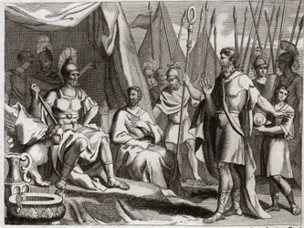 Bible of Royaumont, Old Testament: Holoferne. General of the Arm of Nebuchadnezzar II, Holoferne approaches Judea. Ahior, King of the Ammonites, who came to give back to him, lifts up before Holoferne the power of the God of the Jews. Illustration from 181
