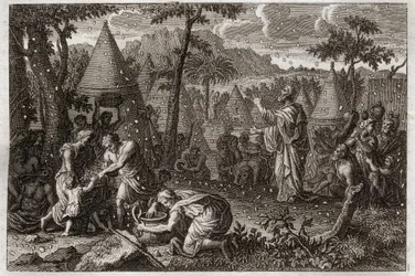 Bible of Royaumont, Old Testament: Jews in the desert (or the gathering of manna). God causes manna to fall from heaven for forty years. Illustration from 1811.