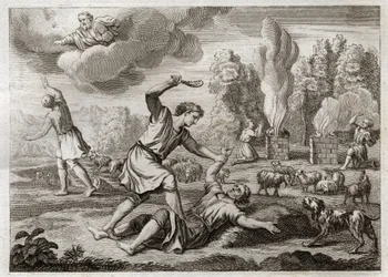 Bible of Royaumont, Old Testament: murder of Abel. Cain bears resentment against his brother Abel out of envy, takes him into the countryside as if for a walk, and kills him. Illustration from 1811.