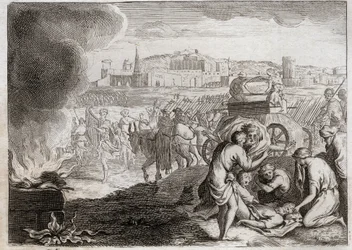 Bible of Royaumont, Old Testament: Uzzah struck by God. David wants to bring the Ark of the Covenant back home. Uzzah died, who put his hand there to stop it from falling. Illustration from 1811.