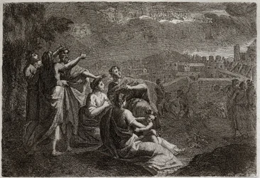 Bible of Royaumont, Old Testament: Predictions on Jerusalem. God has given up arms in the air on Jerusalem, to prey upon her the evils that were to melt upon her. Illustration from 1811.