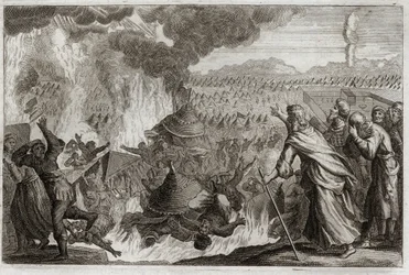 Bible of Royaumont, Old Testament: Punishment of Celestial Fire. Korah, Dathan and Abiram murmuring against Moses, and affecting the ruler Priesthood, are all destroyed alive, and the earth opens to devour them. Episode of the Exodus. Illustration from 181