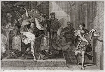 Bible of Royaumont, Old Testament: Saul wants to kill David. Saul full of anger and envy against David, wants to pierce his spear when he played the harp in front of him. Illustration from 1811