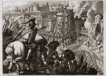 Bible of Royaumont, Old Testament: Siege of Jerusalem. Nebuchadnezzar II besieged Jerusalem, took it, and brought all the riches and all the inhabitants of that city to Babylon. Illustration from 1811.