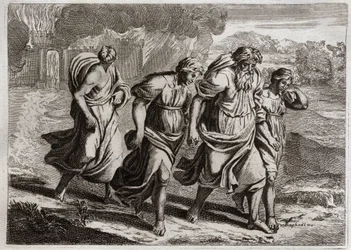 Bible of Royaumont, Old Testament: Sodom Burned. God Burns Sodom and Neighboring Cities with Fire and Sulfur. Illustration from 1811