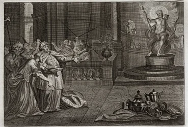 Bible of Royaumont, Old Testament: The Idol of Bel. Daniel destroyed the Idol of Bel, and killed a dragon whom the Babylonians worshipped. Illustration from 1811.
