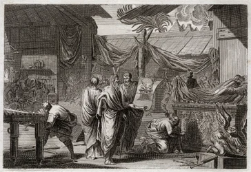 Bible of Royaumont, Old Testament: The Tabernacle. Moses sets up the Tabernacle according to the order he had received from God. Illustration from 1811.