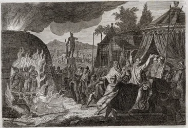 Bible of Royaumont, Old Testament: The three children of Babylon in the furnace. King Nebuchadnezzar II throws three young Hebrew men into a burning furnace, from where they are miraculously delivered. They are called Ananias, Azarias and Misael (or Shadra