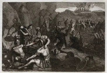 Bible of Royaumont, Old Testament: Thieves of Ziklag. Some Amalekites come to plunder Ziklag in the absence of David. He runs furious and defeats them. Illustration from 1811.