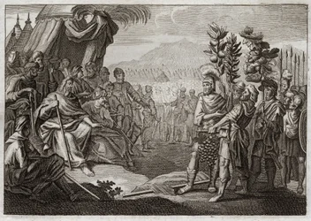 Bible of Royaumont, Old Testament: Twelve spies. Moses sent twelve spies to recognize the land of Canaan (Promised Land). They make the people whisper, and God, to punish them with this murmur, assures them that they will never enter this earth. Illustrati