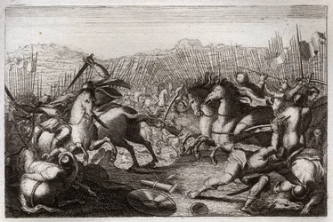 Bible of Royaumont, Old Testament: Victory of Judas. Judas Maccabee defeated Apollonius, Seron, Ptolemy Macron, Gorgias, Nicanor and Lysias in various battles. Illustration from 1811