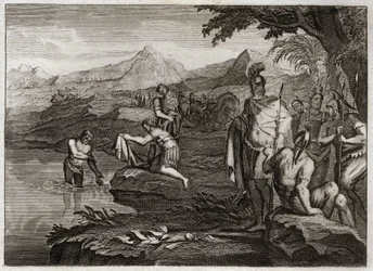 Bible of Royaumont, Old Testament: War of Naaman. Naaman, general of the army of the King of Syria, came to find the Prophet Elisha to be healed of his leprosy. Illustration from 1811.