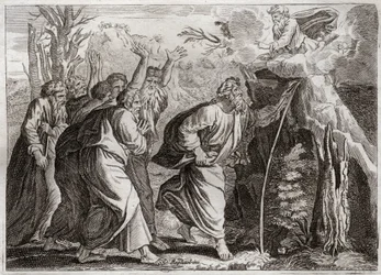 Bible of Royaumont, Old Testament: Water from the Rock. Moses brings water out of the rock, and gives a drink to the people of Israel. Illustration from 1811.