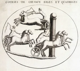 Bigae and quadrigae horse races. 19th century engraving