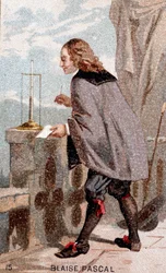Blaise Pascal (1623 - 1662) before a barometer
