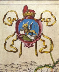 Blazon of the Republic of Venice decorates the lion of Saint Mark. 19th century