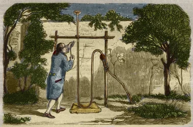 Botany: experience of Stephen Hales on the ascent force of the sap in 1727. Engraving from 1859 in 
