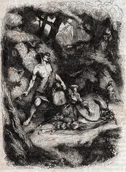 Bradamante defeated by a giant - engraving of 1851 from 
