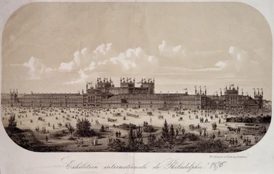 Building commemorates the centenary of the founding of the United States (1776-1876) at the International Exhibition of Philadelphia