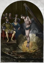 Burning chamber (court) Under King Henry II (1519-1559) in the presence of Catherine de Medicis (Caterina de Medici). Engraving from 1842 in Histoire des popes by Maurice Lachatre. Private collection.