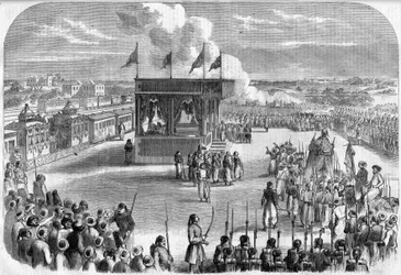 Cairo, departure from the Mahmal (palanquin covered with an embroidered silk veil symbolizing the authority of the Ottoman sultan), for the pilgrimage of Mecca, by the railway, in 