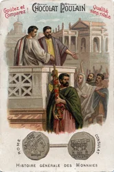 Caius Licinius Calvus Stolon contributes to the accession of the Plebeians to political power by obtaining access to the consulate. In General History of Coins. Chocolate-foal chromolithography of the end of the 19th century. Private collection.