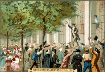 Camille Desmoulins at the Palais Royal (12/07/1789). Chromolithography 19th century - French Revolution/Camille Desmoulins calls for a storm on the Bastille, Paris